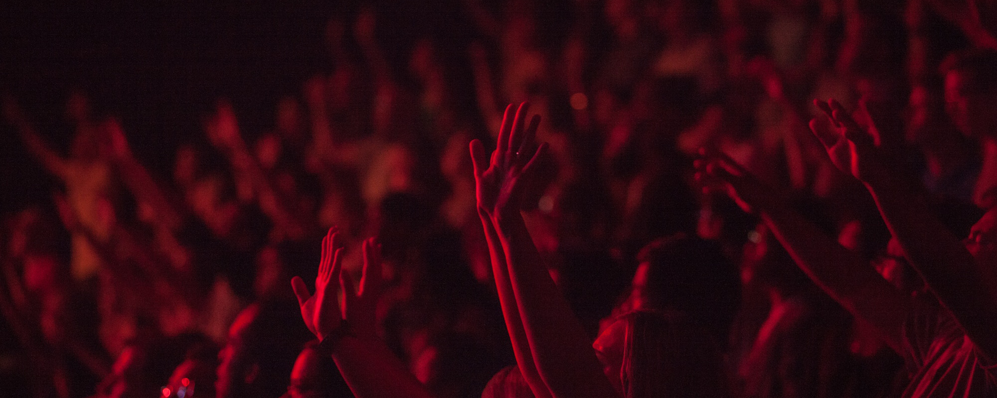 People in crowd with hands in air